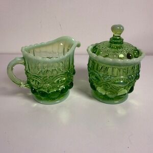 Mosser Glass Eye Winker Green Opalescent Creamer and Covered Sugar Bowl Set